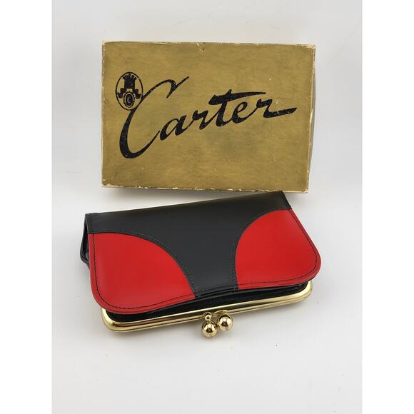 Vintage Carter Leather Wallet Black Red w Box Greenwich Village NY NOS - Picture 2 of 16